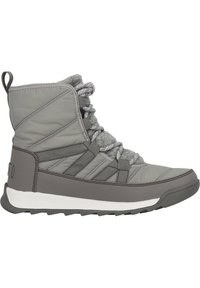 Botte isolée grise avec une tige synthétique matelassée, doublure en laine texturée, fermeture à lacets et épaisse semelle en caoutchouc blanc pour une meilleure traction.