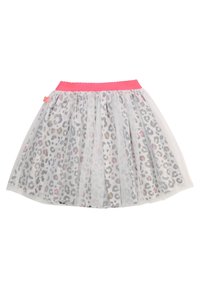 Gelaagde tule rok met een roze tailleband, versierd met een grijs luipaardpatroon benadrukt met pastelkleuren. Lichtgewicht en doorschijnend materiaal.