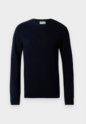 Sort langærmet crewneck sweater med ribbede manchetter og kant, præsenteret på en hvid baggrund.