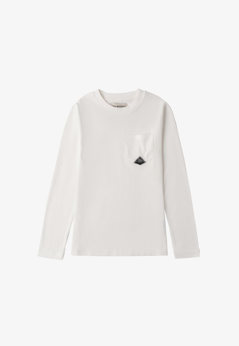 Weißes Langarm-T-Shirt aus Baumwolle mit einer vorderen Brusttasche, die ein schwarzes, dreieckiges Etikett trägt. Schlichte Textur und klassisches Design.