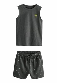 Ärmelloses dunkelgraues Tanktop mit einer kleinen grünen Palmenstickerei, kombiniert mit passenden Shorts mit Palmenmuster und elastischem Bund.
