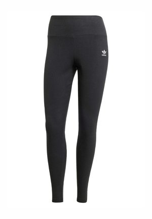 Leggings neri in tessuto a costine con vita alta e piccolo logo bianco Adidas sul fianco sinistro. Texture liscia in tutto il prodotto.