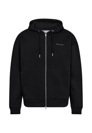 Sort zip-up hoodie lavet af blødt stof, med en hætte med snor, ribbede manchetter og et diskret logo på brystet.