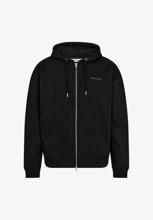 Sort zip-up hoodie lavet af blødt stof, med en hætte med snor, ribbede manchetter og et diskret logo på brystet.