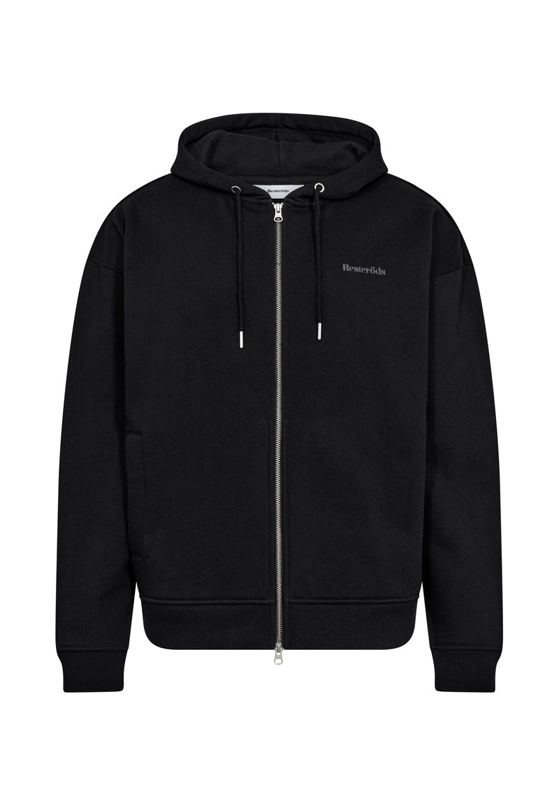 Black zip-up hoodie made of soft fabric, featuring a drawstring hood, ribbed cuffs, and a subtle logo on the chest.