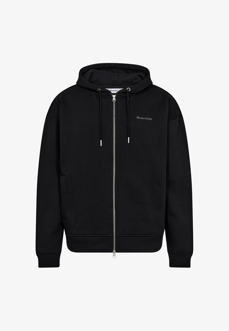 Sort zip-up hoodie lavet af blødt stof, med en hætte med snor, ribbede manchetter og et diskret logo på brystet.