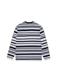 Camisa de manga larga con rayas horizontales en blanco y negro de grosor variable, vista desde atrás sobre un fondo blanco.