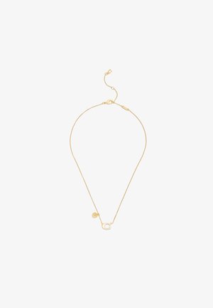 Delicata collana a catena dorata con piccolo ciondolo a forma di fiore e pendente a ferro di cavallo, dotata di chiusura a moschettone e allungatore regolabile.