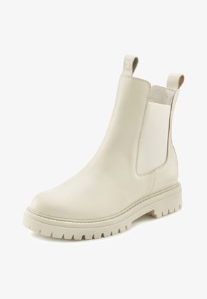 Crème leren Chelsea-boot met elastische zijpanelen, ronde neus en robuuste rubberen zool met opvallende profiel voor grip.