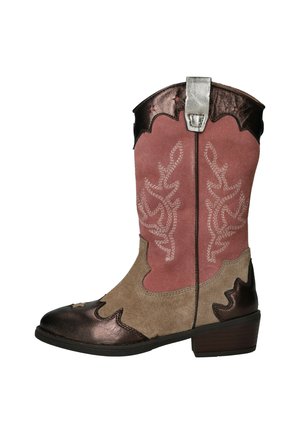 Bottine de cow-boy rose et marron avec des accents métalliques, des motifs floraux brodés, un bout en cuir lisse et un talon carré.