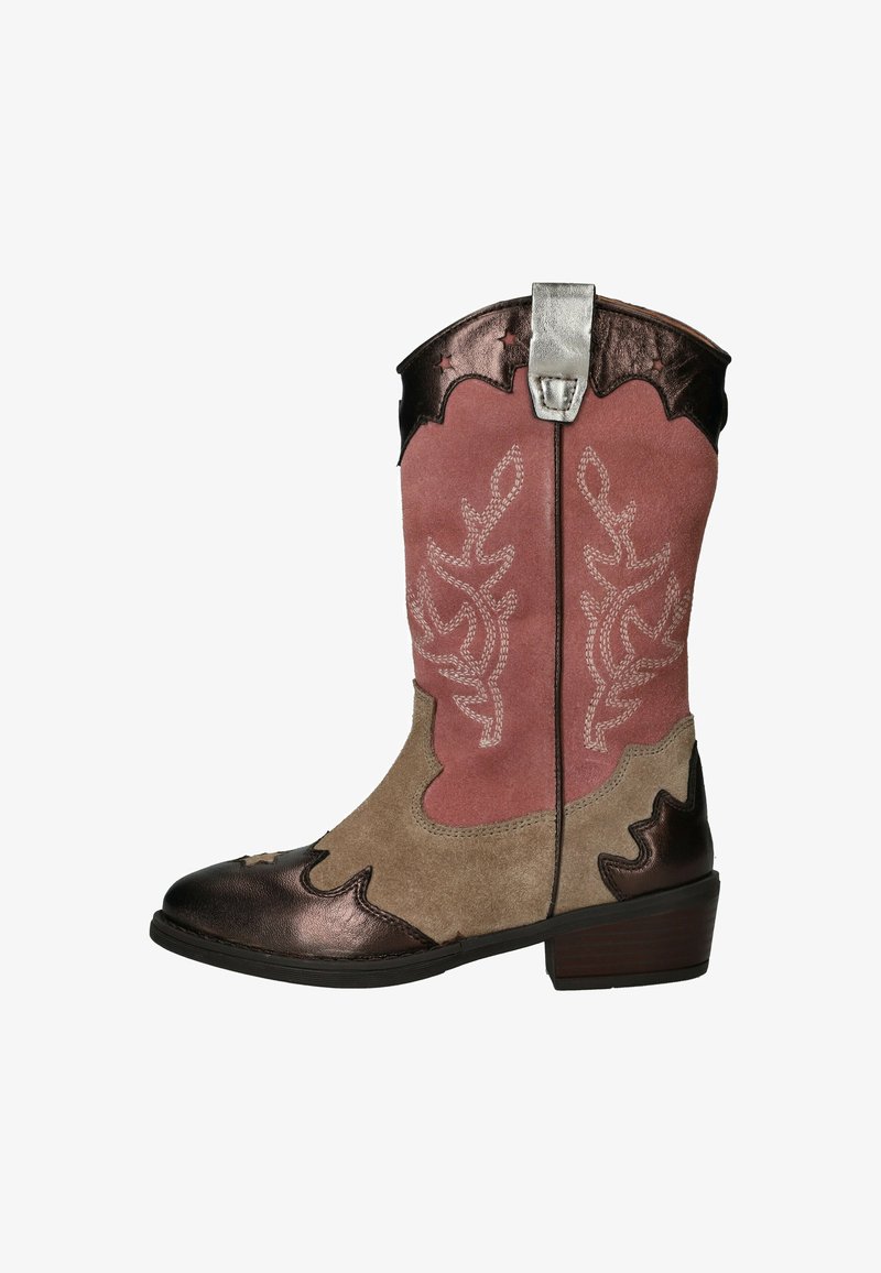 Roze en bruine cowboylaars met metallic accenten, geborduurde bloemenpatronen, een gladde leren neus en een blokhak.
