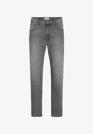 Grå denimjeans med rak passform, fem fickor och knappstängning. Tyget har en något blekt yta, med minimala sömdetaljer.