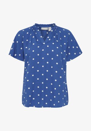 Bluză albastră cu mânecă scurtă, cu un finisaj texturat și buline albe. Prezintă un decolteu plisat și o deschidere în formă de V în față.