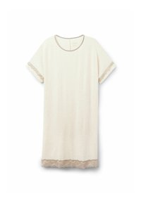 Ljus beige nattkjol i mjukt tyg. Har korta ärmar med spetsdetaljer och en scalloped fåll. Rundad halsringning.