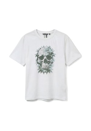 T-shirt bianca a maniche corte con una grafica centrale di teschio intrecciata con foglie di palma verdi.