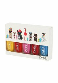 Set med fyra nagellack i förpackningar i gul, röd, rosa och blå färg. Lådan har tecknade djur som bär solglasögon och accessoarer.