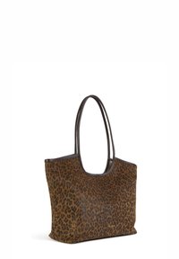 Brown tote bag with dark brown leopard print, double handles, and small gold brand logo on front lower right side.