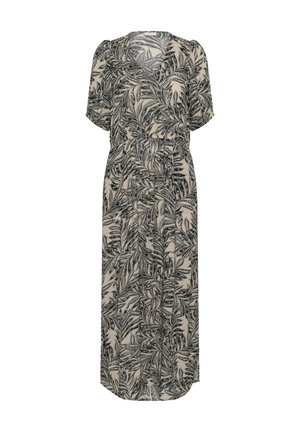 Maxikleid in Beige mit schwarzem Blättermuster, kurzen Puffärmeln, V-Ausschnitt, elastischem Bund und fließender Silhouette. Glattes, leichtes Material.