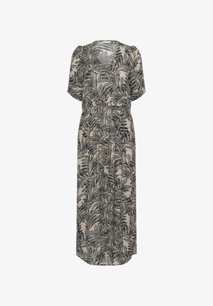 Maxi obleka v bež barvi s črnim listnatim vzorcem, kratkimi nabranimi rokavi, V-izrezom, elastičnim pasom in tekočo silhueto. Gladek, lahek material.