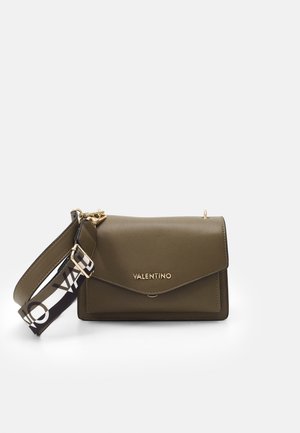 Olive green Valentino leather shoulder bag with gold logo, flap closure, and detachable wide strap with black and white logo print.