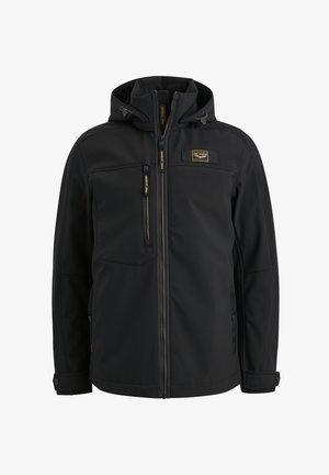 Veste softshell noire avec capuche, zip frontal, deux poches zippées et un écusson de marque sur la poitrine pour une touche de détail supplémentaire.
