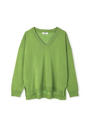 Suéter con cuello en V de color verde brillante, con mangas largas, puños y dobladillo de canalé, con una parte trasera ligeramente más larga y una sutil textura.