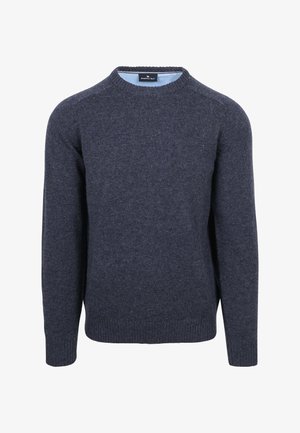 Marineblauer Rundhals-Pullover aus einem strukturierten Strickstoff. Verfügt über gerippte Bündchen und Saum sowie einen kontrastierenden hellblauen Innenkragen.