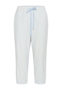 Kevlarit, raidoituslahkeet vaaleansinisinä ja valkoisina. Joustava vyötärö, jossa nyöri. Hieman löysä malli riipputetulla alaosalla.