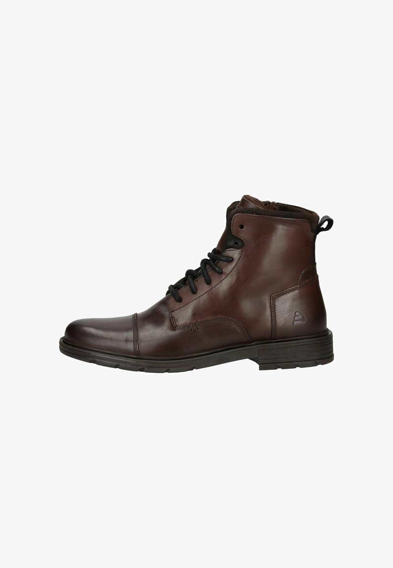 Stivaletti in pelle marrone con finitura liscia, punta rotonda, lacci neri e suola in gomma testurizzata. Presenta un piccolo logo sul lato.
