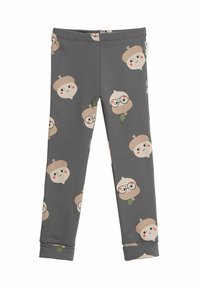 Harmaat legginsit, jotka on valmistettu pehmeästä kankaasta, jossa on toistuva kuvio hymyilevistä tammenterhoista ja lehdistä. Hihansuut ja joustava vyötärö mukavuutta varten.