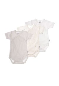 Drei kurzärmelige Babybodys in hellgrau mit Streifen, elfenbein mit Sternenmuster und einfarbig weiß. Aus weichem Baumwollmaterial mit Druckknopfverschlüssen.