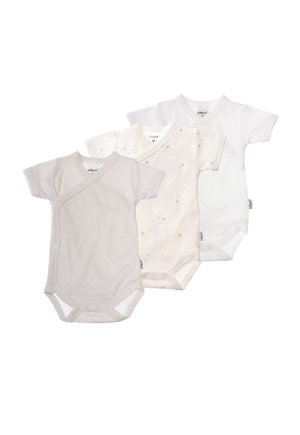Three short-sleeve baby bodysuits in light gray striped, cream with star pattern, and solid white. Soft cotton material with snap closures.