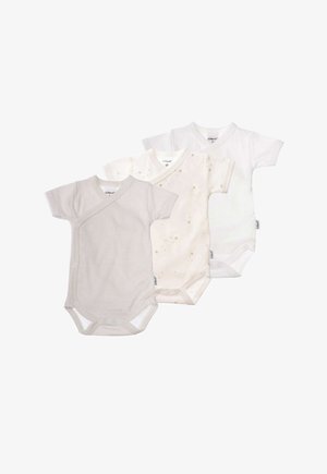 Drei kurzärmelige Babybodys in hellgrau mit Streifen, elfenbein mit Sternenmuster und einfarbig weiß. Aus weichem Baumwollmaterial mit Druckknopfverschlüssen.