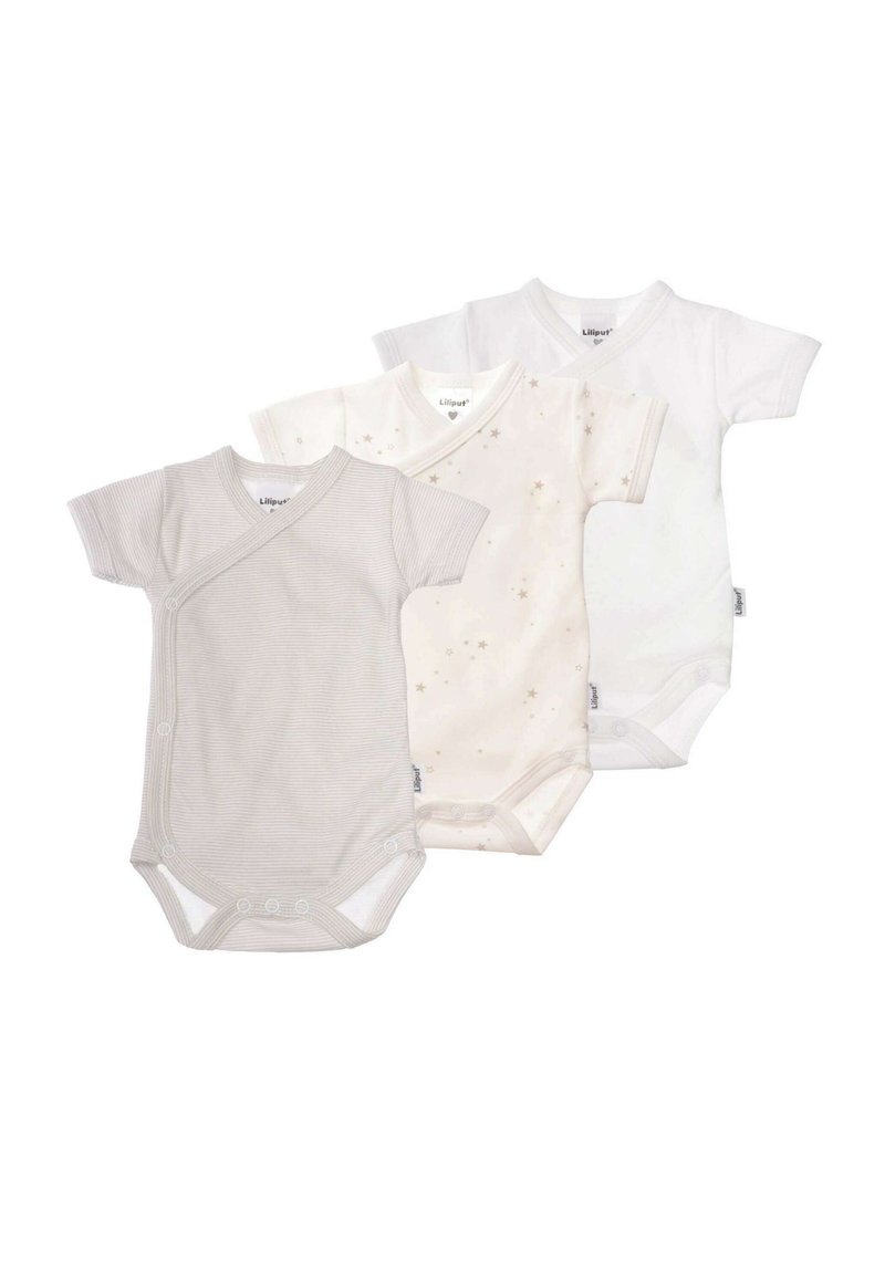 Drei kurzärmelige Babybodys in hellgrau mit Streifen, elfenbein mit Sternenmuster und einfarbig weiß. Aus weichem Baumwollmaterial mit Druckknopfverschlüssen.