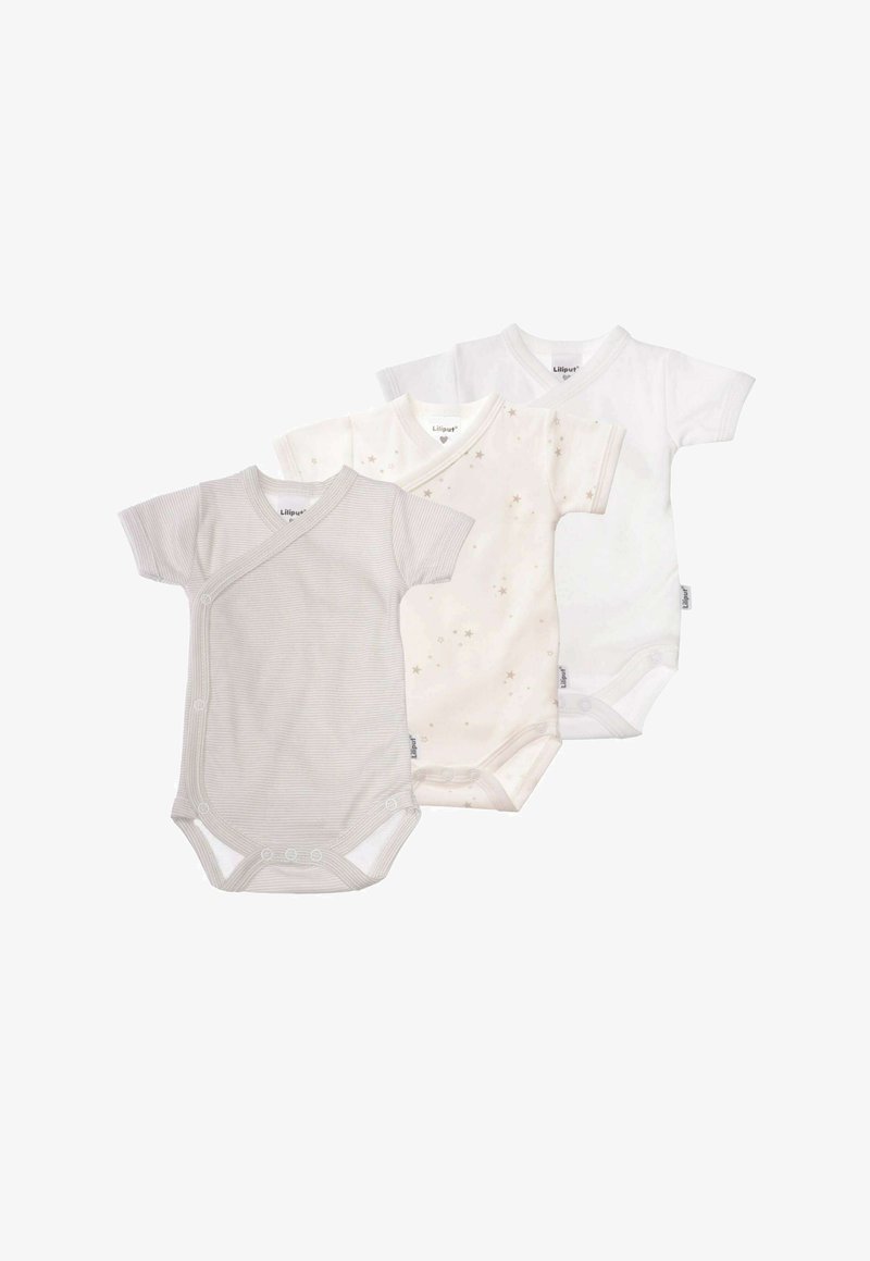 Drei kurzärmelige Babybodys in hellgrau mit Streifen, elfenbein mit Sternenmuster und einfarbig weiß. Aus weichem Baumwollmaterial mit Druckknopfverschlüssen.
