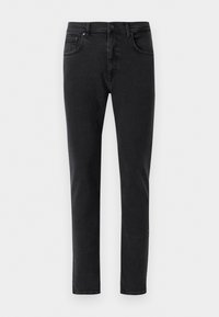 Jeans de mezclilla negra con corte ajustado, que presentan un clásico diseño de cinco bolsillos y detalles de costura mínimos. Textura suave, cinturilla estándar.