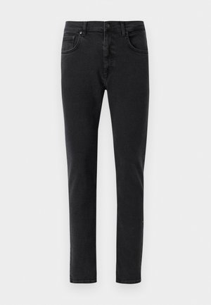 Mustad mustad teksad, slim-fit, klassikalise viie taskuga disainiga ja minimaalse õmblusdetailiga. Sile tekstuur, tavaline vöökoht.
