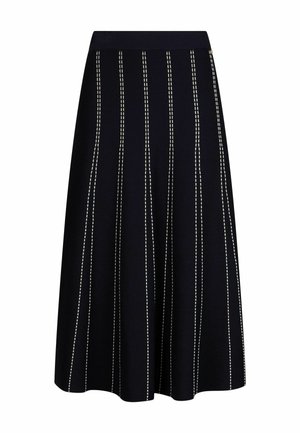 Zwarte midirok met verticale witte gestikte strepen en een brede tailleband, uitlopende silhouet, getoond op een witte achtergrond.