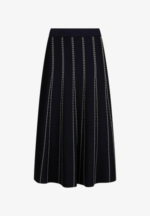 Zwarte midirok met verticale witte gestikte strepen en een brede tailleband, uitlopende silhouet, getoond op een witte achtergrond.