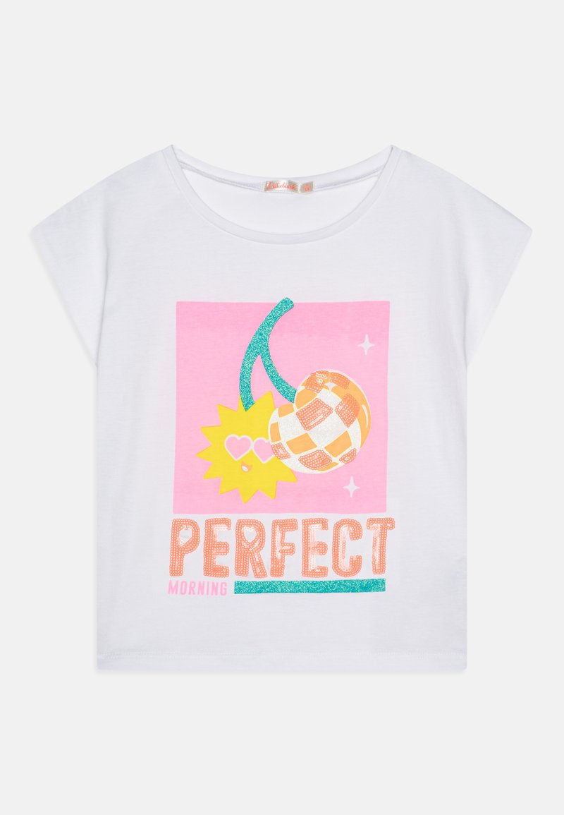 Witte T-shirt met korte mouwen, voorzien van een kleurrijk grafisch ontwerp met kersen, een zon en de tekst "PERFECTE OCHTEND" in vetgedrukte, levendige kleuren.