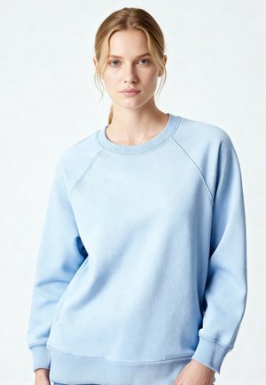 Sweat-shirt bleu clair en tissu doux, doté d'un col rond, de manches raglan et de poignets côtelés. Texture lisse avec des détails minimalistes.