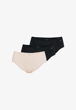 Tre sømløse damestrømper i sort og beige, vist fladt og stablet med et lille dekorativt logo nær linningen.
