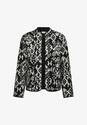 Črnobela podložena jakna z zapletenim ikat vzorcem, okroglo ovratnikom in dvema sprednjima žepoma. Mehka tkanina z oblikovanim krojem.