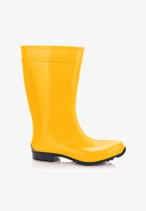 Jasnożółty gumowy kalosz z czarną podeszwą, sięgający do połowy łydki, z błyszczącym wykończeniem, zaprojektowany do ochrony przed deszczem.