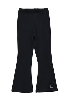 Czarne rozszerzane spodnie z elastycznym pasem i małym serduszkiem z kryształków przy lewym obszyciu, przedstawione na białym tle.