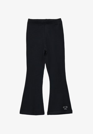 Pantalon évasé noir avec taille élastique et petit détail en forme de cœur en strass près de l'ourlet gauche, présenté sur un fond blanc.