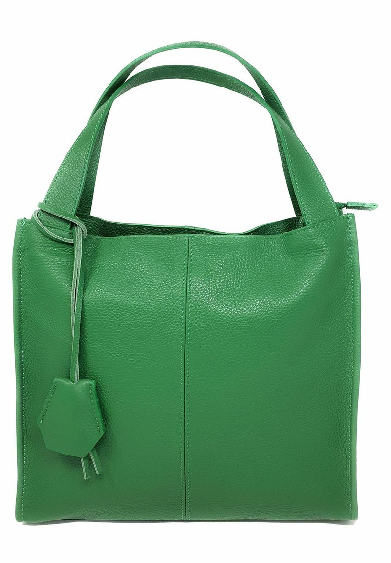 Zielona skórzana torebka o gładkiej fakturze, z dwiema krótkimi rączkami i sześciokątną zawieszką jako akcentem. Charakteryzuje się strukturalnym, prostokątnym kształtem.