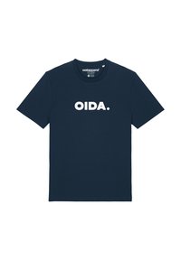 T-shirt en coton bleu marine à manches courtes et col rond, arborant le texte blanc "OIDA" en évidence sur le devant.