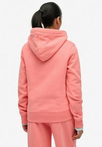 Sudadera con capucha rosa hecha de tela suave, con un corte relajado, bolsillo tipo canguro y puños acanalados, mostrada desde atrás.