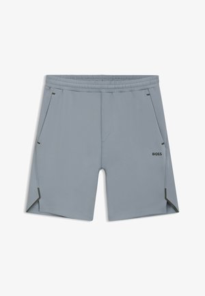 Lysegrå sportshorts laget av glatt stoff. Har strikk i livet, sidelommer og svarte detaljer ved kanten. Merkevarelogo er tilstede.